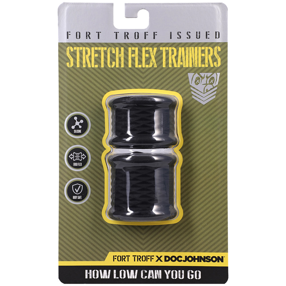 Fort Troff Stretch Flex Trainers Black packaging, showcasing ergonomic design and features for progressive stretching.