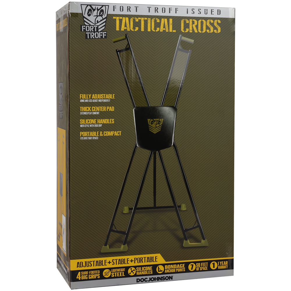 Fort Troff Tactical Cross Black Green packaging showcasing adjustable, stable, and portable design with silicone handles.