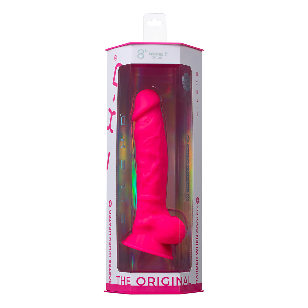 Silex-d The Original Model 1 Dildo 8 Inch Pink in packaging, showcasing its lifelike design and secure suction base.