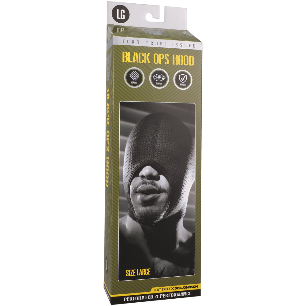 Fort Troff Black Ops Hood Large Black packaging showcasing its perforated neoprene design and tactical features.