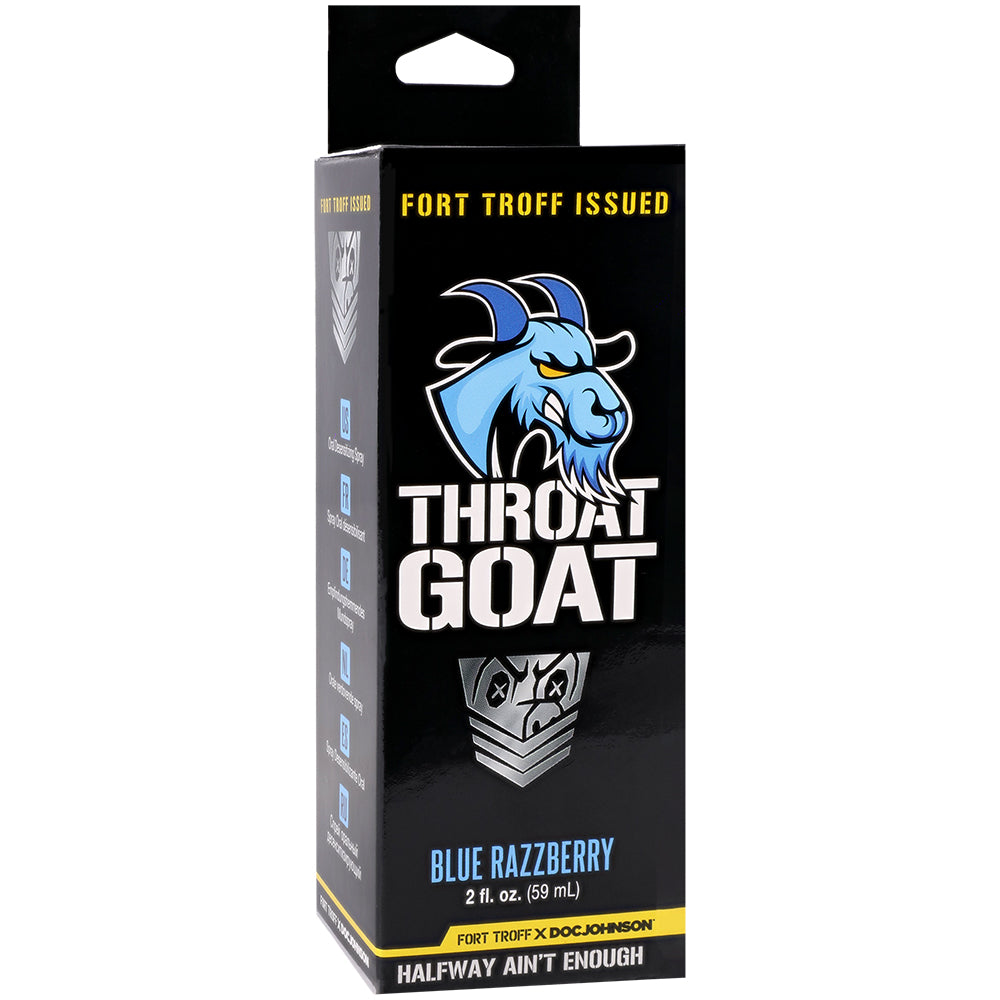 Fort Troff Throat Goat Oral Numbing Spray Blue Razzberry 2 Oz packaging with colorful graphics.