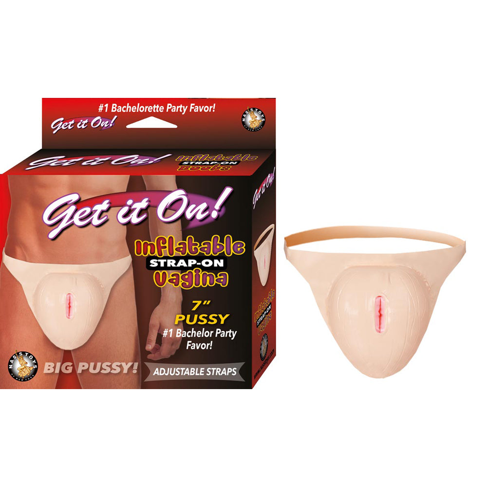 Get It On Inflatable Strap-on Vagina Flesh novelty product for bachelor parties and adult celebrations.
