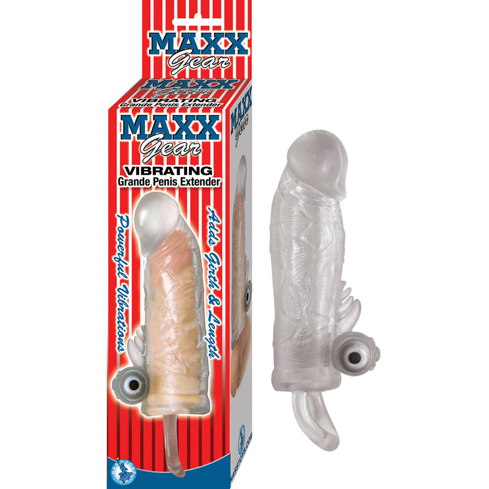 Maxx Gear Vibrating Grande Penis Extender Clear with powerful vibrations and added length and girth for stimulation.