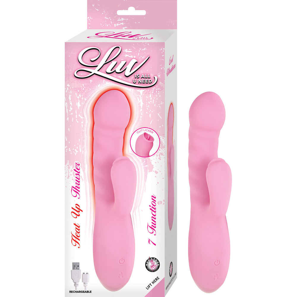 Luv Heat Up Thruster Silicone Rabbit Vibrator Pink packaging with product features and USB charging.