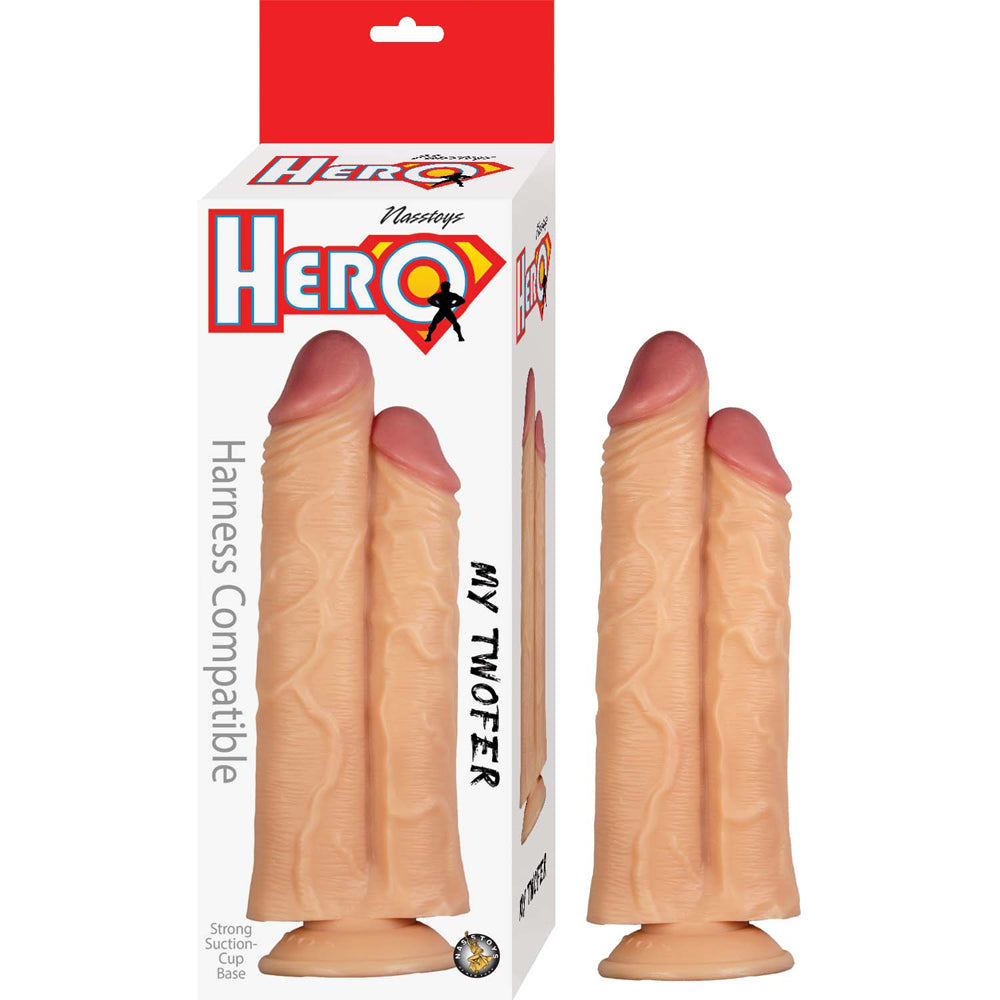 Hero My Twofer 11 Inch Realistic Dildo White in packaging with strong suction-cup base, perfect for hands-free pleasure.
