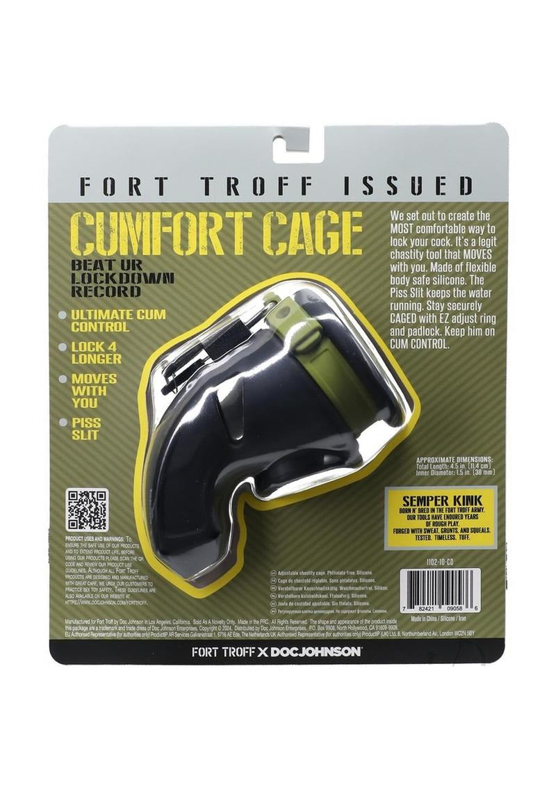 Fort Troff Silicone CUMfort Cage Black packaging showing product features and design, highlighting comfort and flexibility.