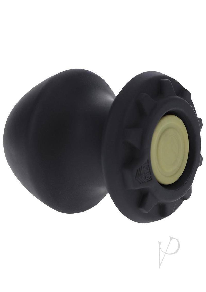 Fort Troff Kum Keeper Silicone Open End Anal Plug Large shown in black silicone with a removable stopper.