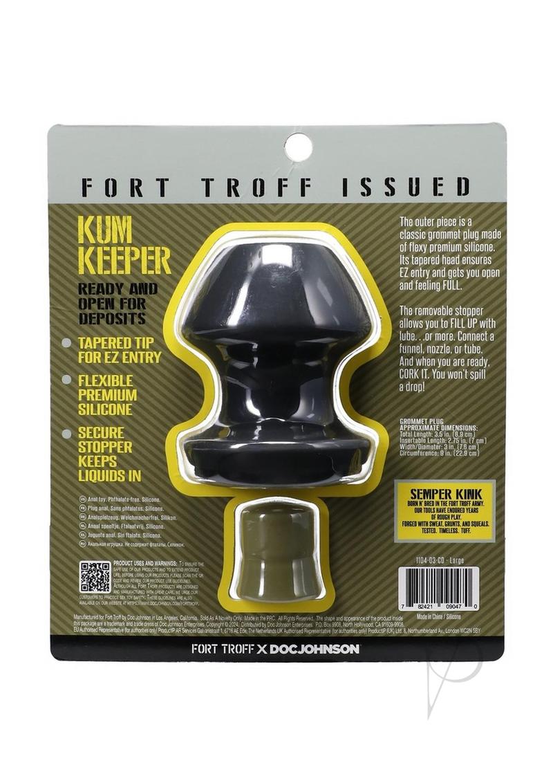 Fort Troff Kum Keeper Silicone Open End Anal Plug Large packaging featuring secure stopper and tapered design.