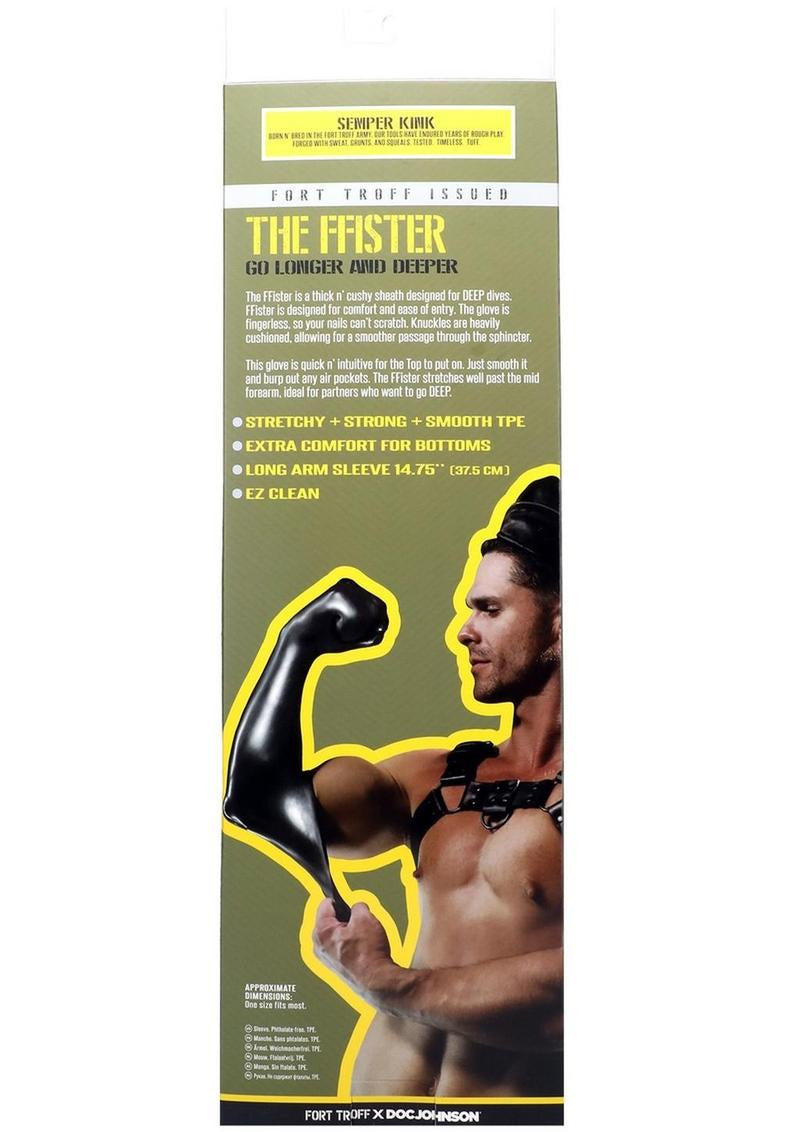 Fort Troff Ffister Silicone Glove Black packaging featuring a man demonstrating its secure fit and design features.