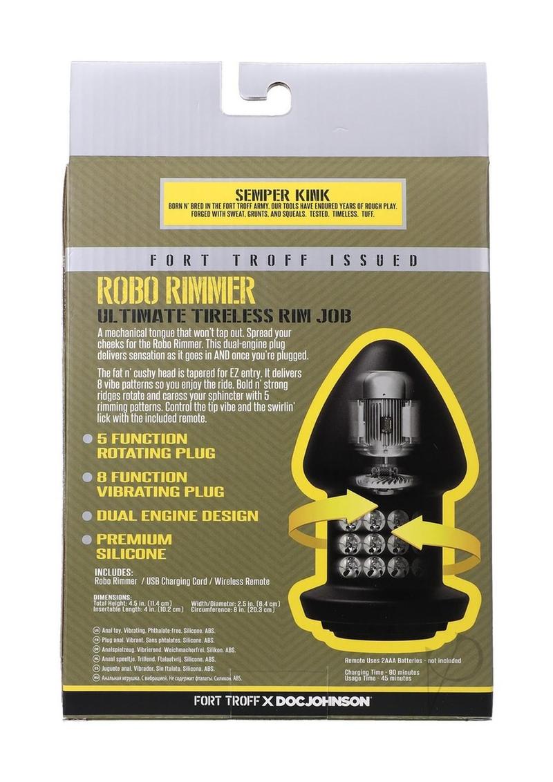 Fort Troff Robo Rimmer Rechargeable Silicone Anal Plug packaging featuring details and features of the product.