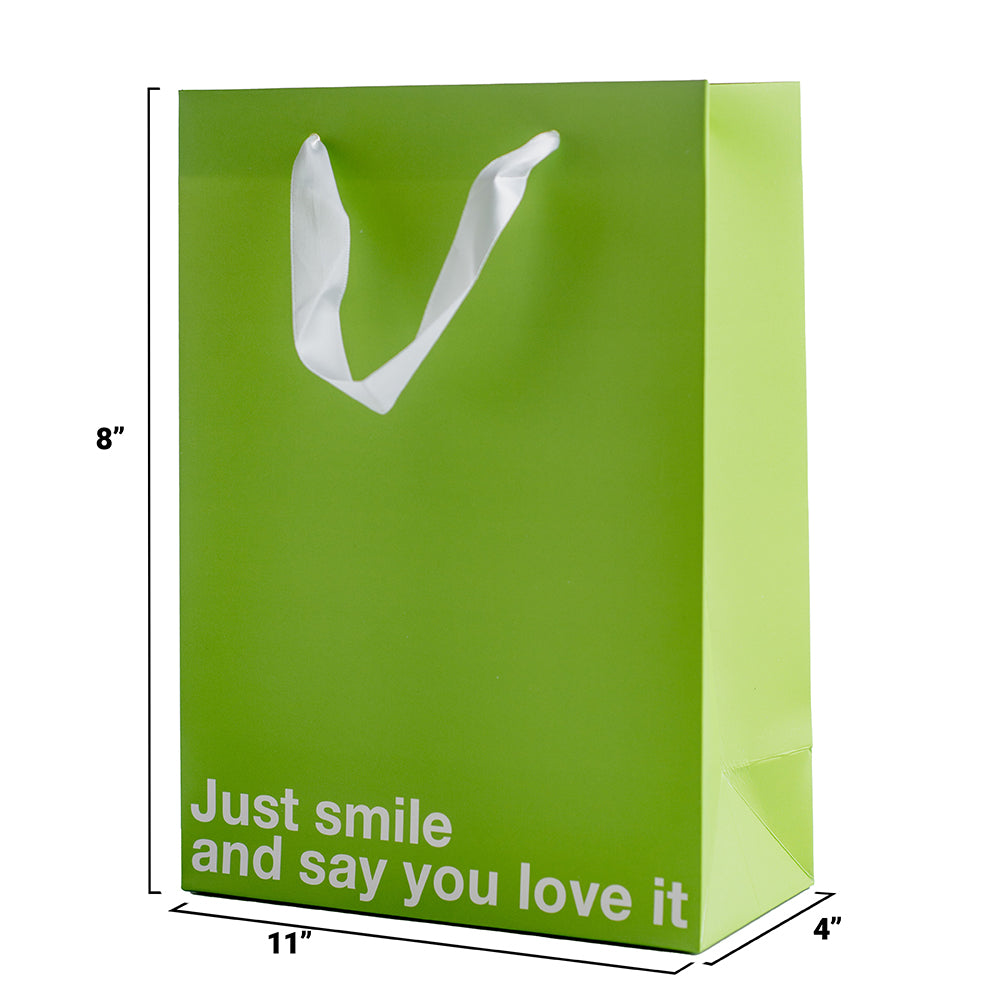 Just Smile & Say You Love It Color Gift Bag Green featuring a cheeky message, perfect for any gift occasion.