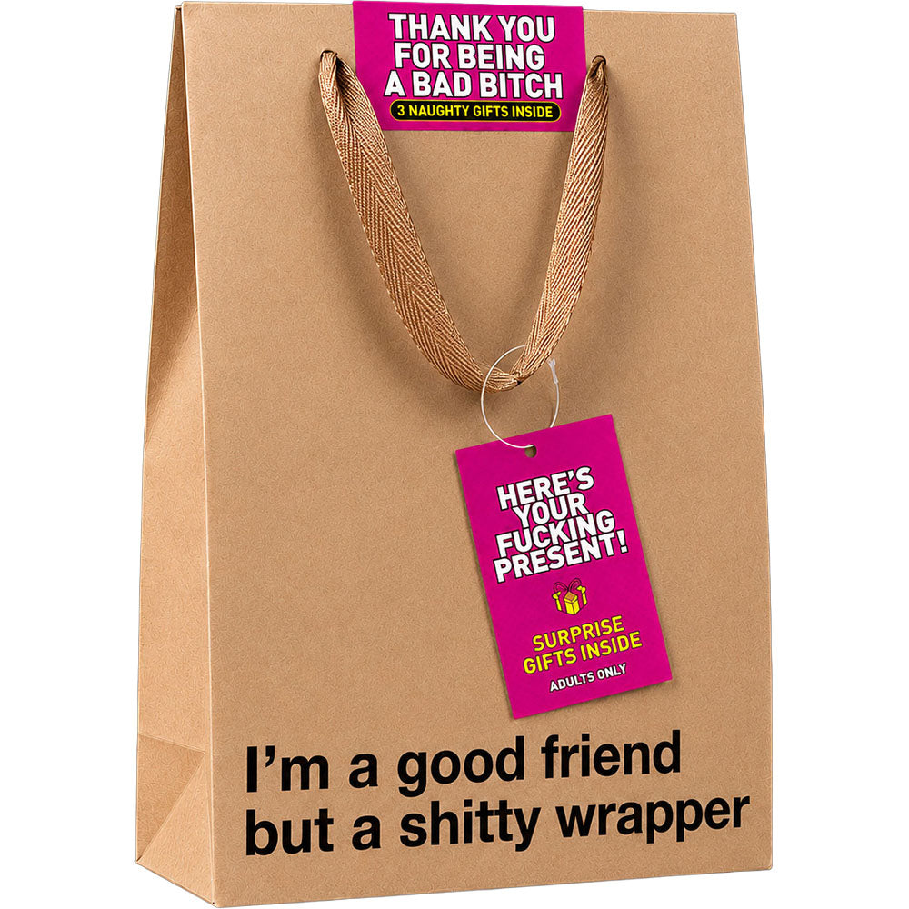 Thank You For Being A Bad Bitch Present gift bag with humorous tags for adults.