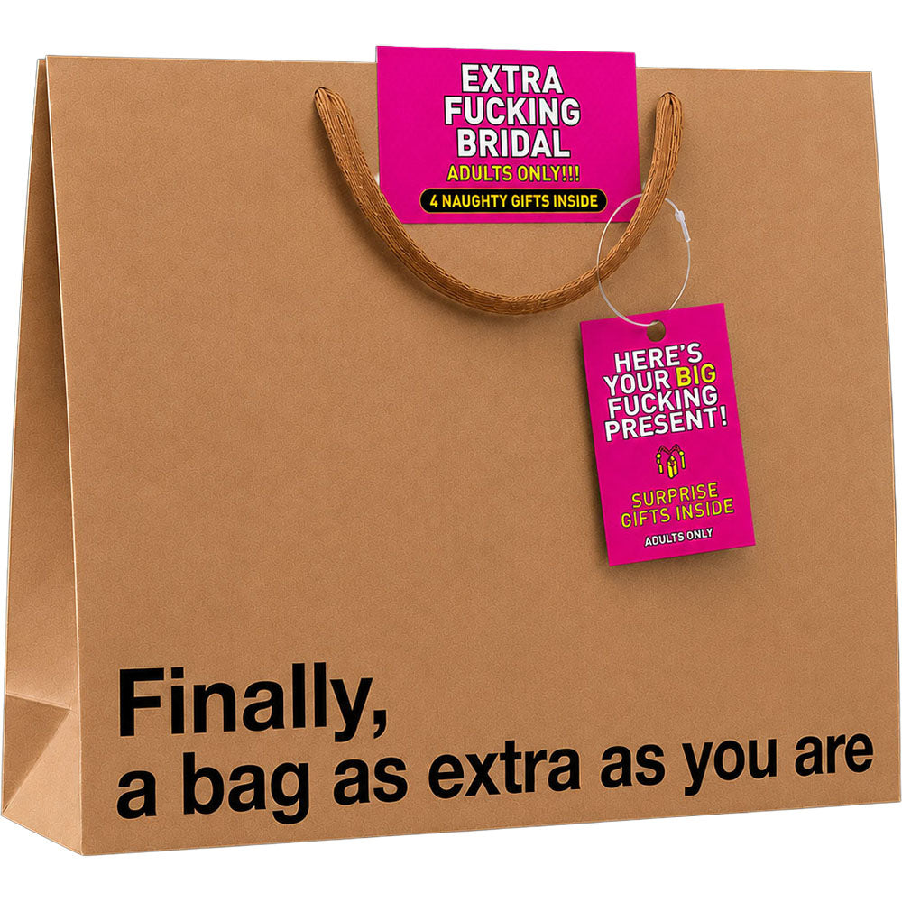 Wood Rocket Extra Fucking Bridal Big Present Gift Bag with bold text and tags for surprise gifts inside.