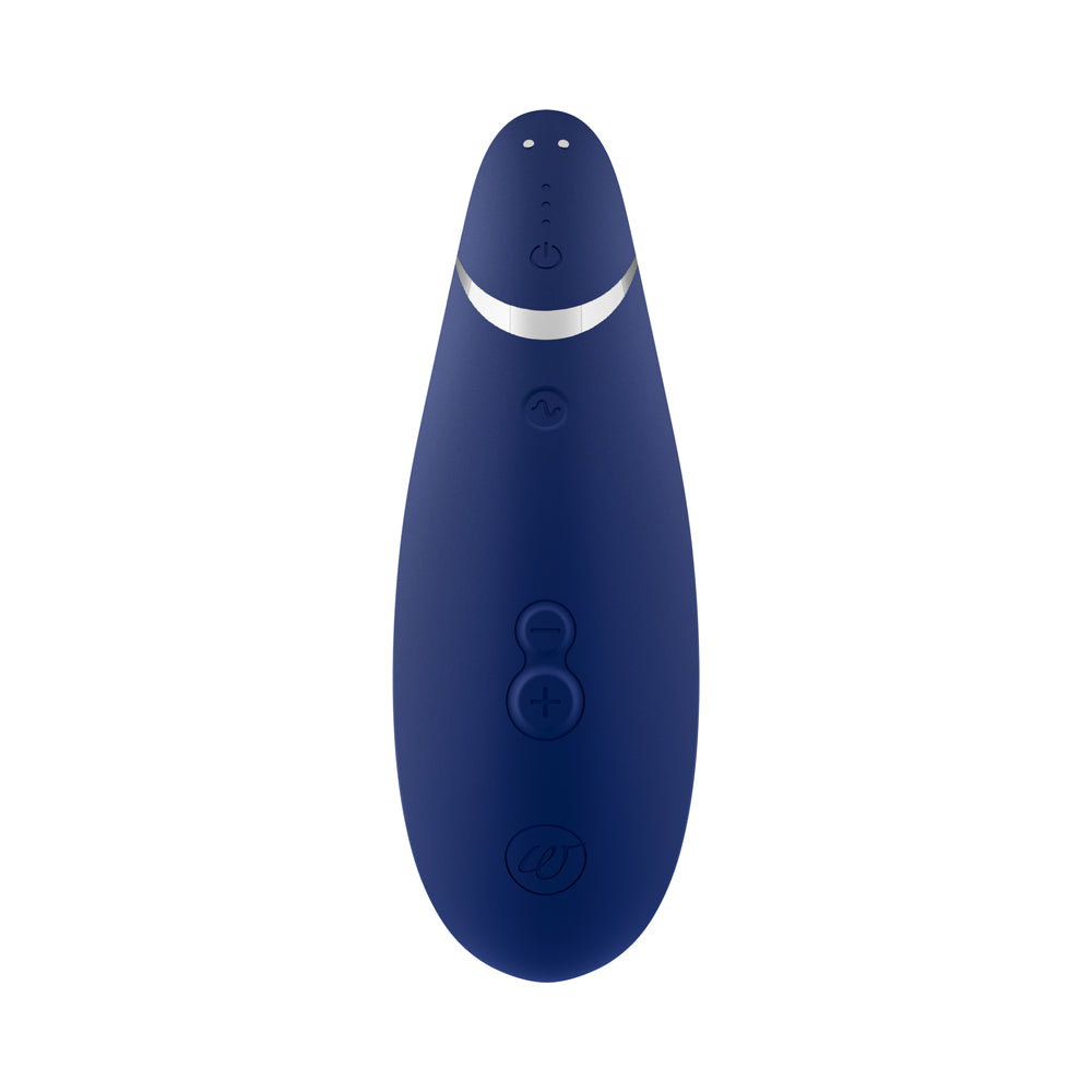 Womanizer Premium 2 Pleasure Air Clitoral Stimulator Blueberry in navy blue design with control buttons.