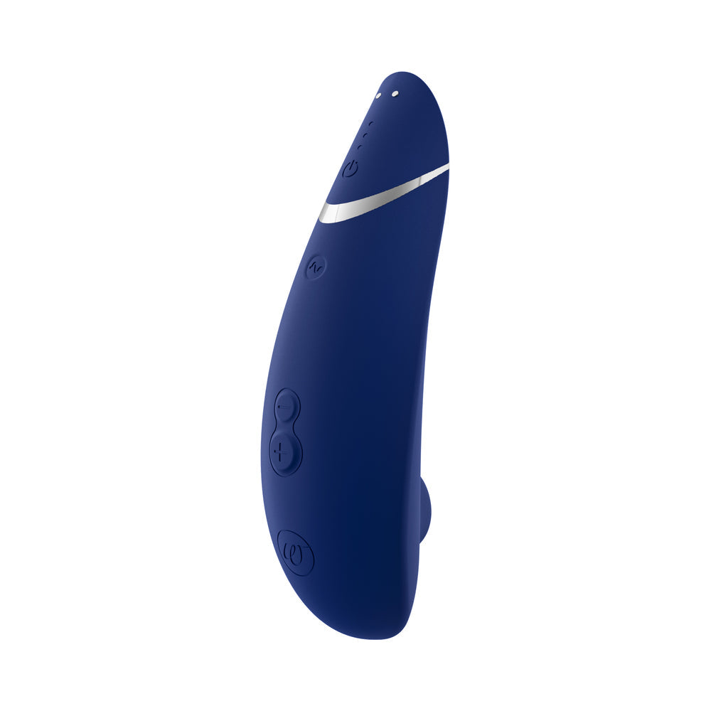 Womanizer Premium 2 Pleasure Air Clitoral Stimulator Blueberry in blue color with user-friendly controls.