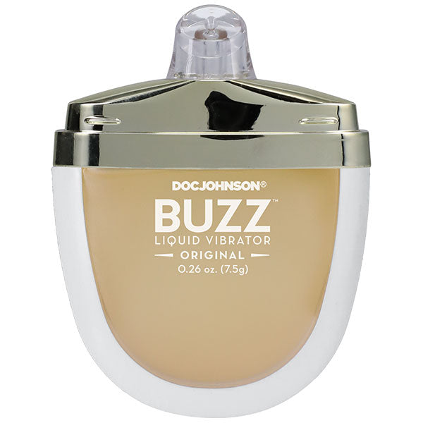 Buzz Liquid Vibrator Intimate Arousal Gel 0.26 Oz in sleek packaging with gold accents and a clear cap.