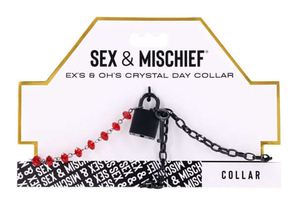 Ex's and Oh's Crystal Day Collar with ruby red crystals and black chain, designed for stylish everyday wear.