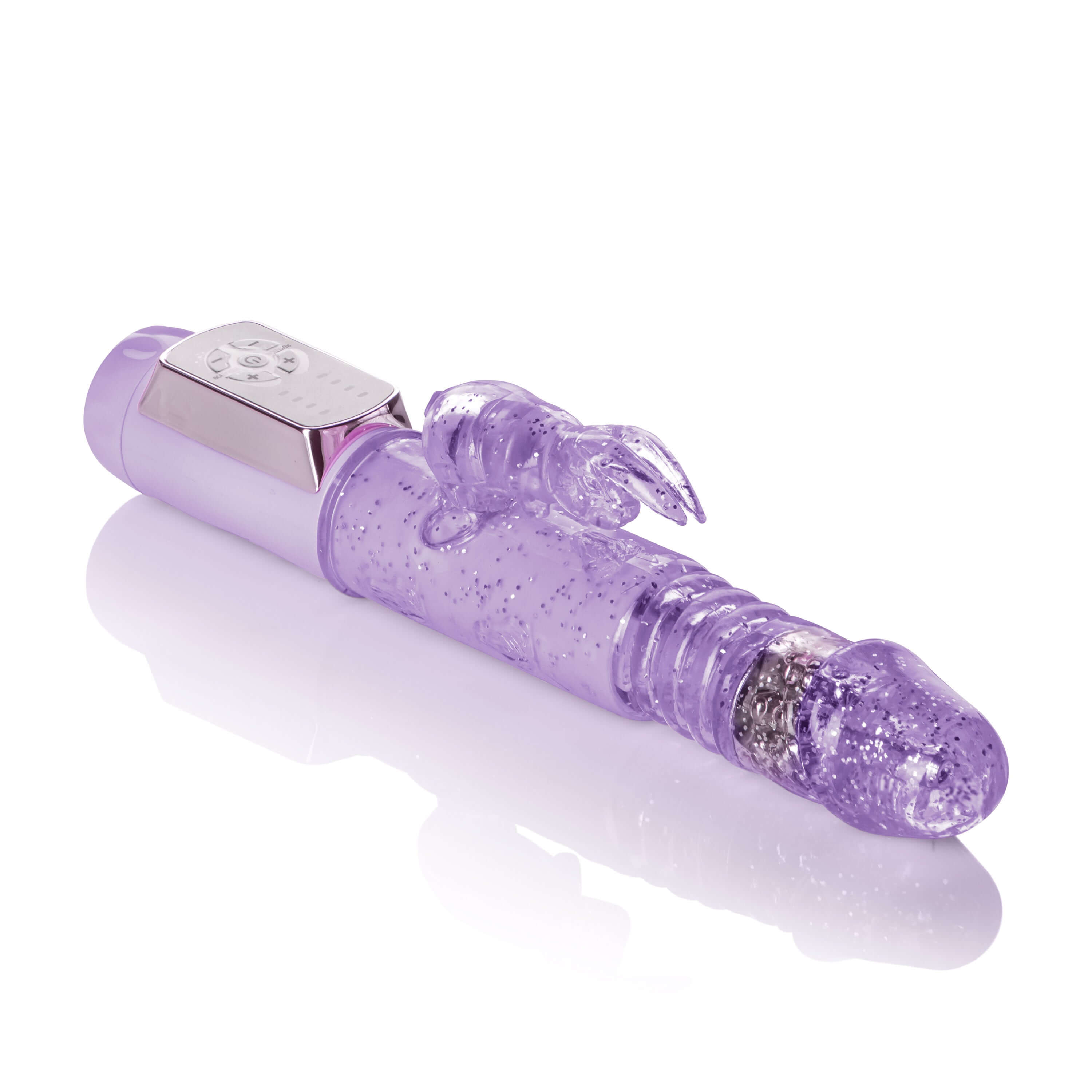 Petite Thrusting Jack Rabbit Vibrator Purple showcasing its compact design and dual-action features.