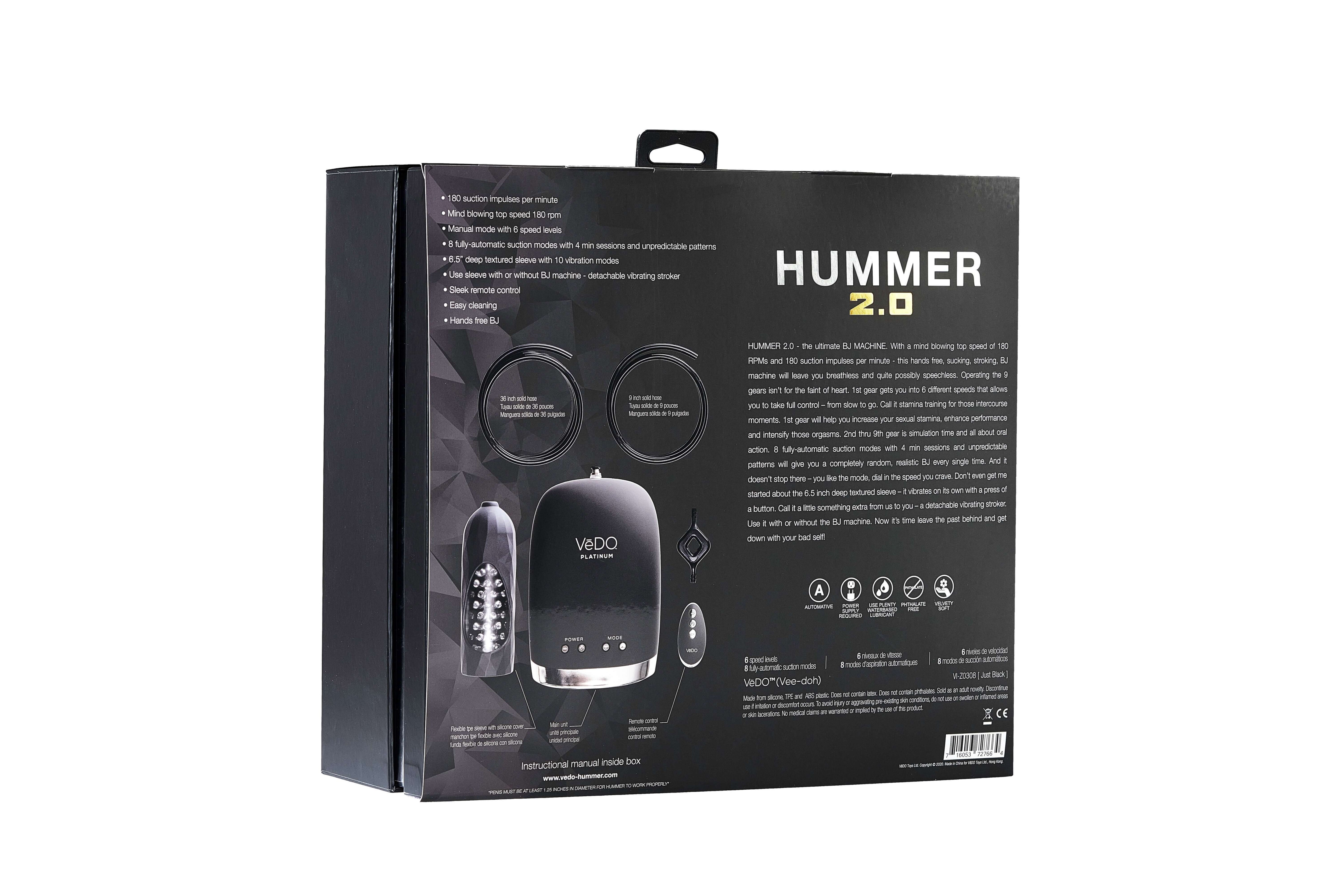 Vedo Hummer 2.0 Ultimate Bj Machine packaging showcasing features and specifications.