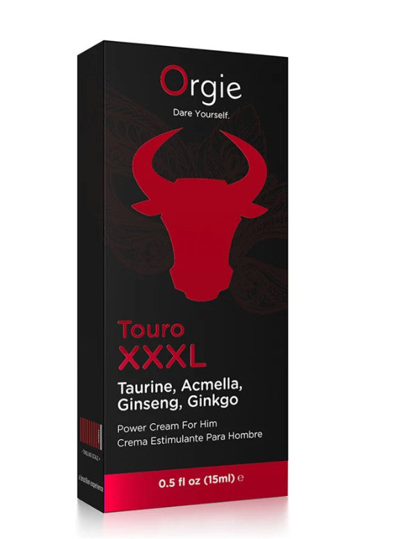 Orgie Touro Xxxl Power Cream for Him 15 ml packaging featuring bull logo and botanical ingredients.