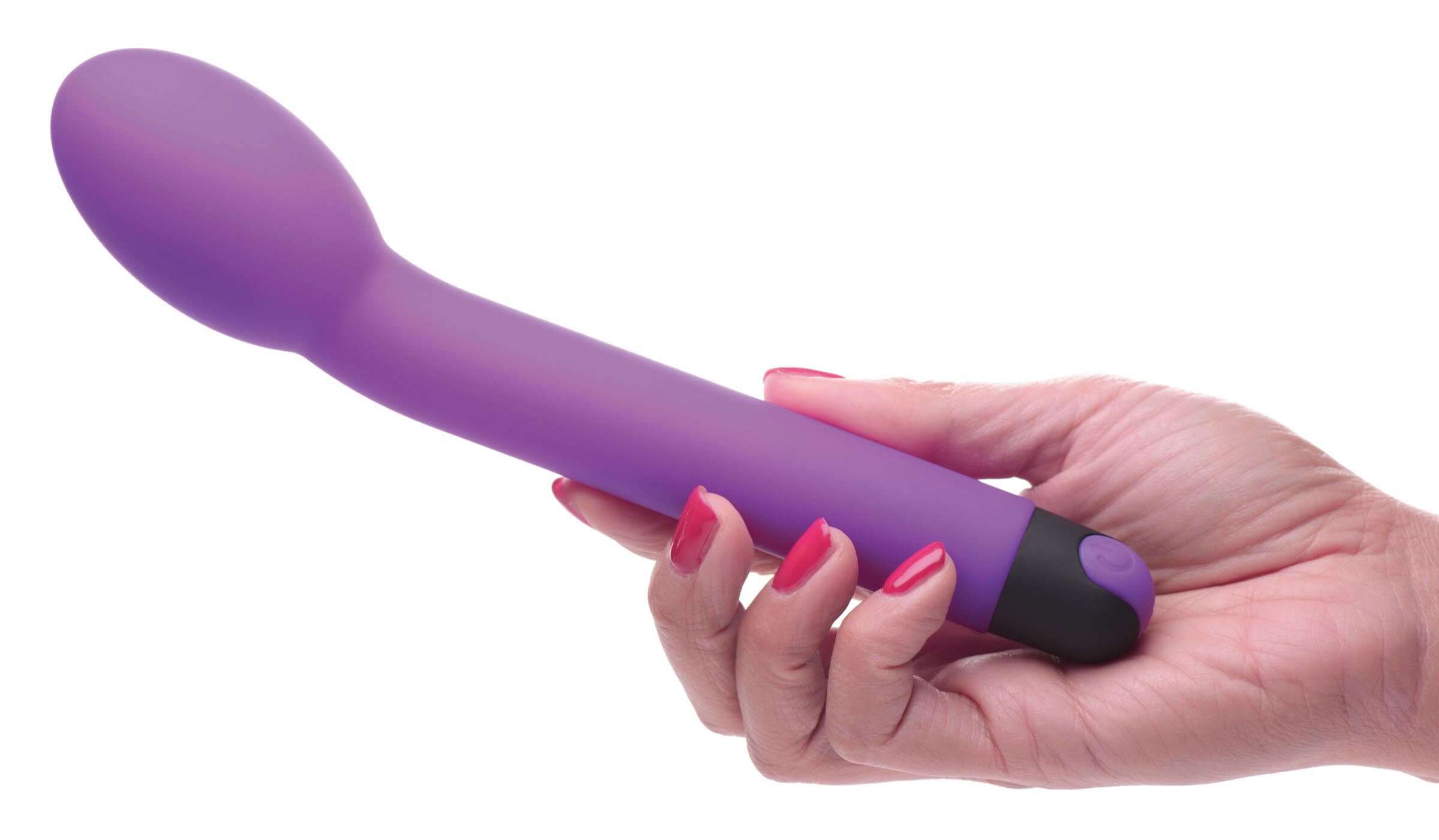 Bang 10X Rechargeable Silicone G-Spot Vibrator Purple held in hand with ergonomic design and soft silicone finish.