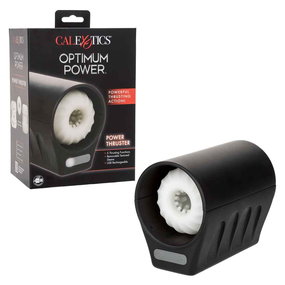 Optimum Power Thruster Stroker Black with packaging showcasing powerful thrusting action and USB rechargeable feature.