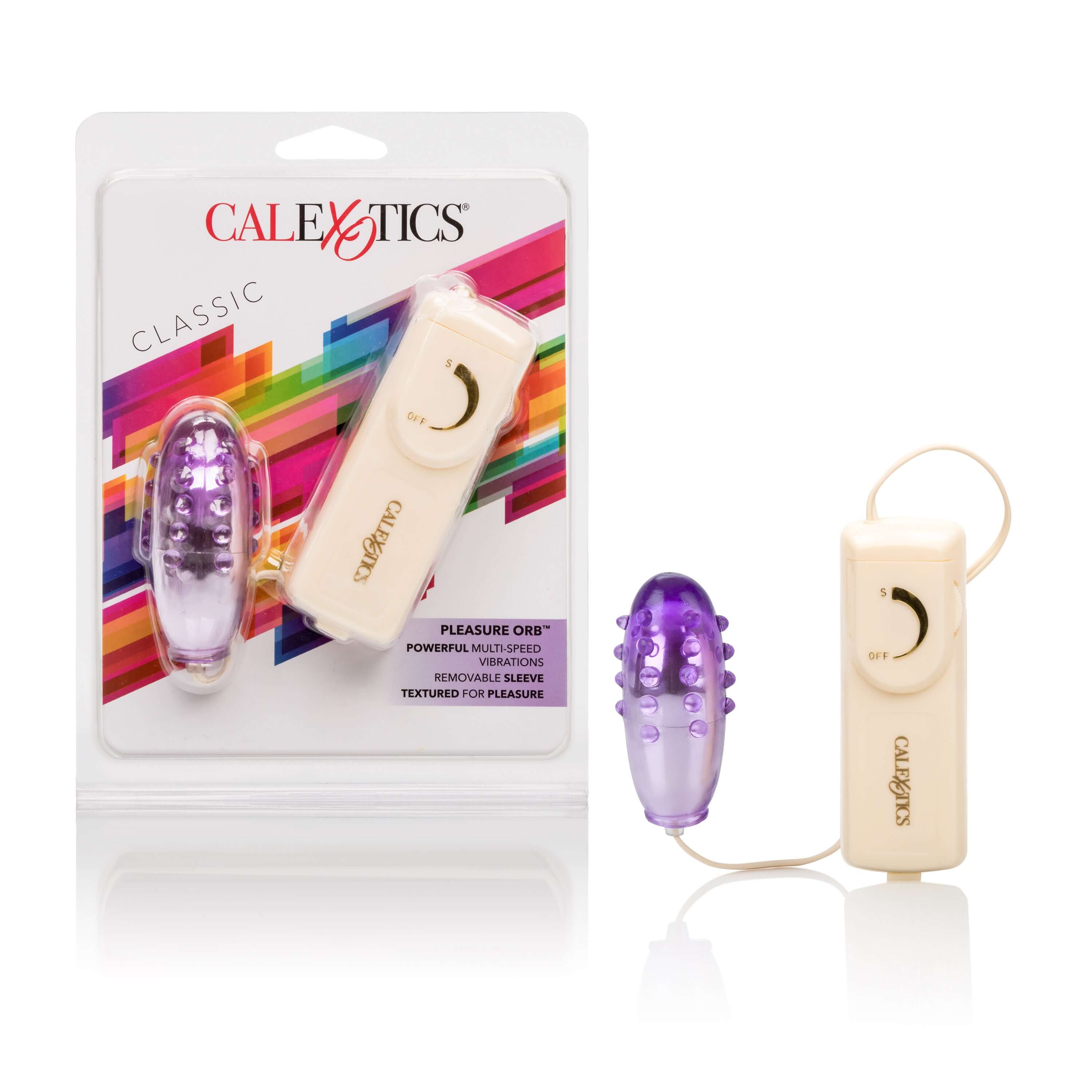 Pleasure Orb Vibrating Egg Purple with remote control in packaging, offering powerful vibrations and textured design for pleasure.