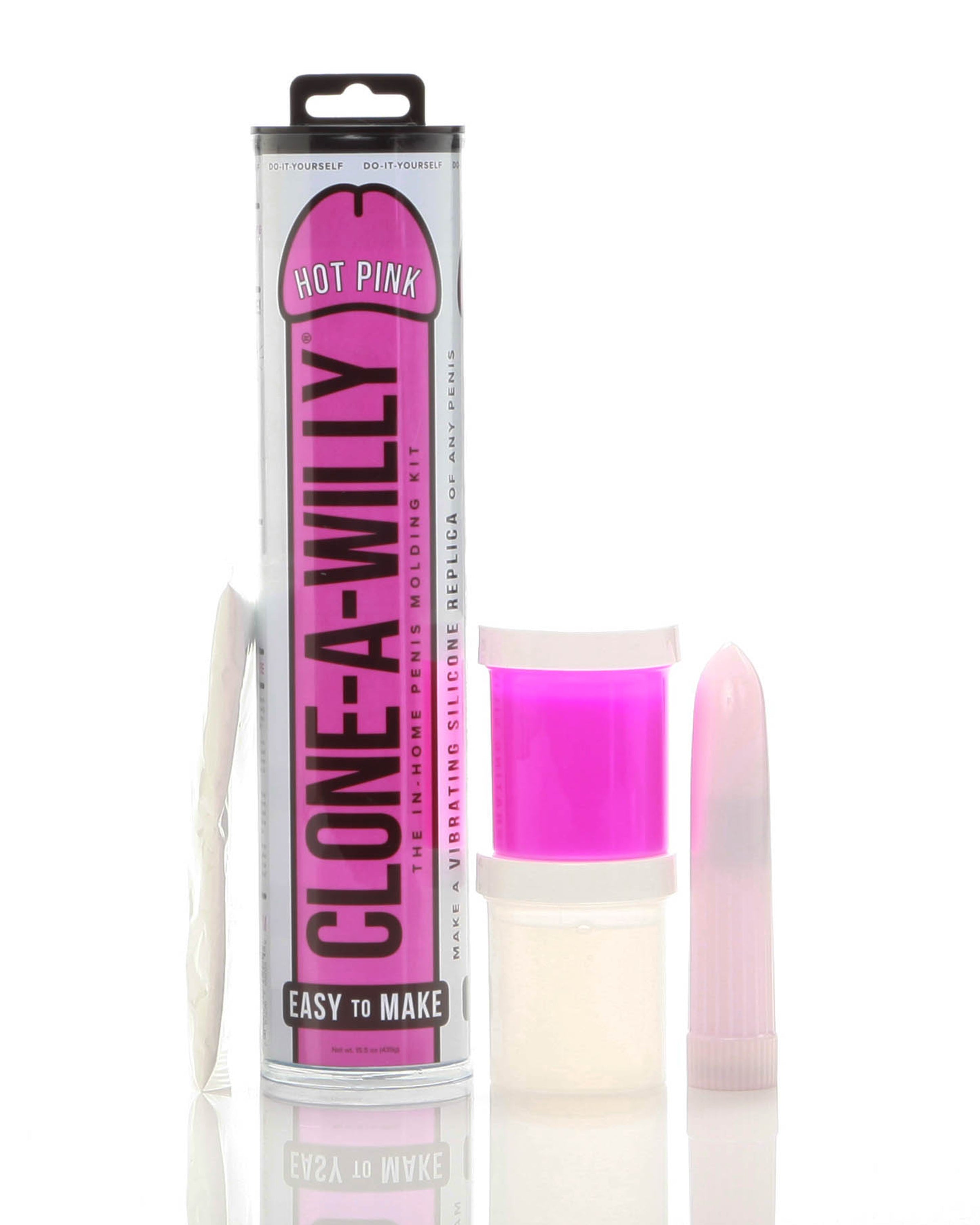 Clone-a-Willy Molding Kit Hot Pink packaging with silicone materials for DIY casting.