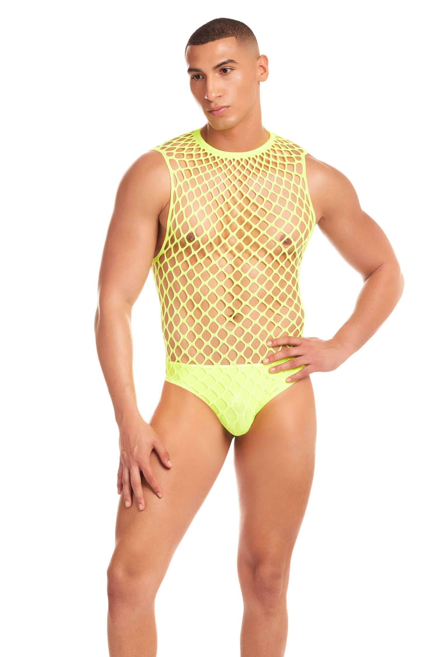 Full Effect 2pc Set in Yellow, Large/XL - Man modeling neon yellow fishnet bodysuit made of 95% Nylon and 5% Spandex.