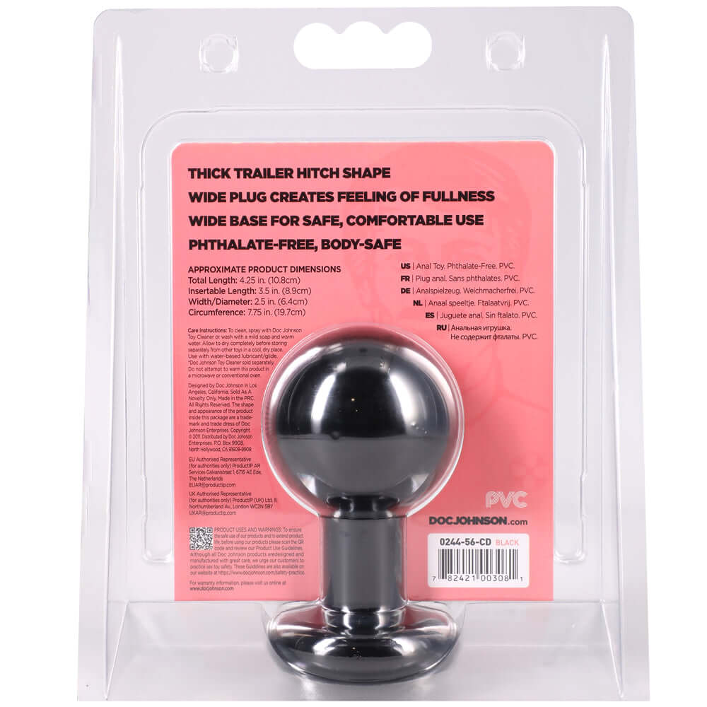 The Classic Round Butt Plug Medium Black packaging showcasing its trailer hitch shape and safety features.