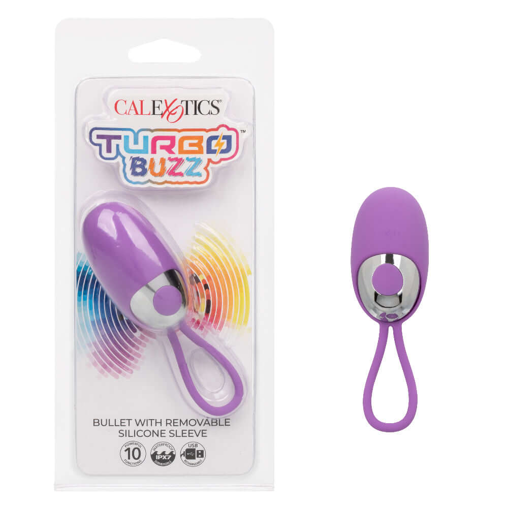 Purple Turbo Buzz Bullet Vibrator With Removable Silicone Sleeve in Packaging