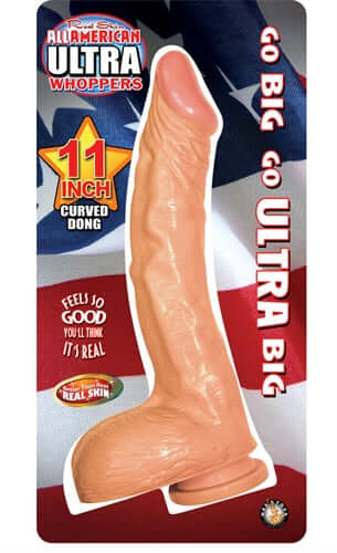 All American Ultra Whoppers 11-Inch Curved Dong Flesh displayed against an American flag backdrop, showcasing its realistic design.