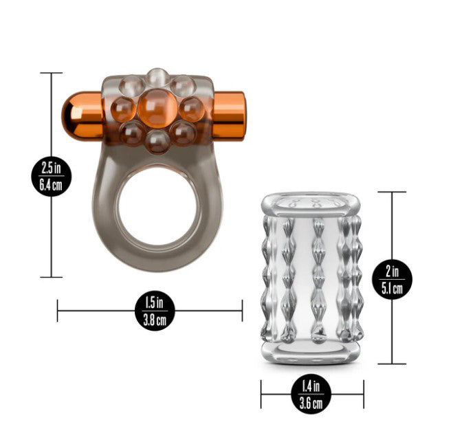 Blush Stay Hard Vibrating Cock Ring Set With Sleeve dimensions showing cock ring and textured sleeve for enhanced pleasure.