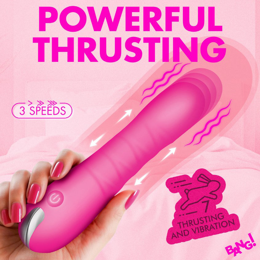 Bang Thrusting Silicone Dildo Pink with powerful thrusting and vibration features, compact and rechargeable design.