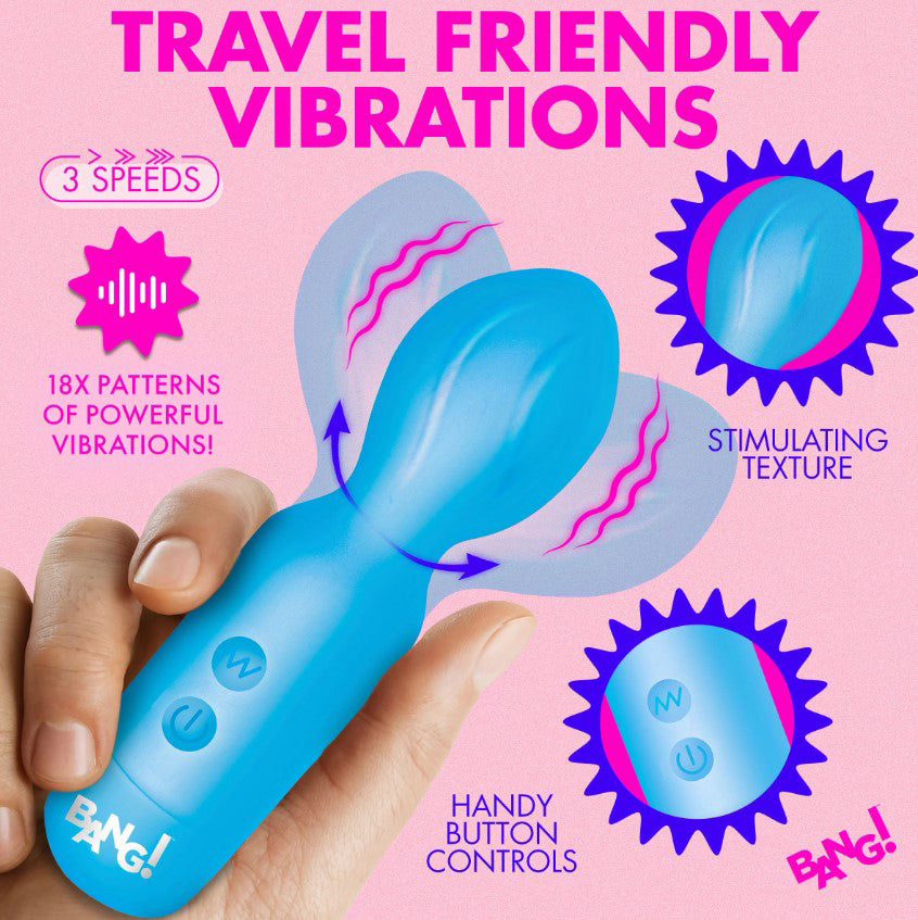 Bang 18X Vibrating Silicone Mini Wand Blue features travel-friendly design, 3 speeds, and stimulating texture.
