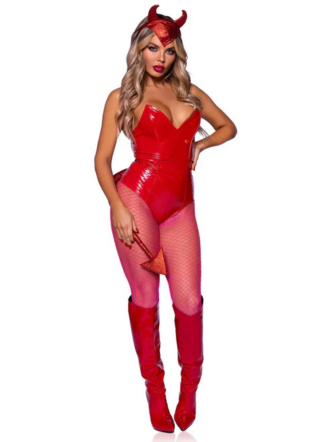 Leg Avenue Devil Horns Headband & Tail Set Red worn with shiny red bodysuit and fishnet tights for a striking devil costume look.