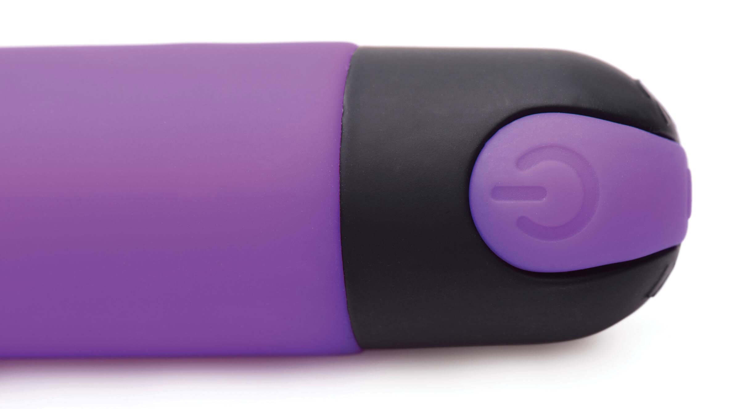 Bang 10X Rechargeable Silicone G-Spot Vibrator Purple close-up of the control button and ergonomic shape.