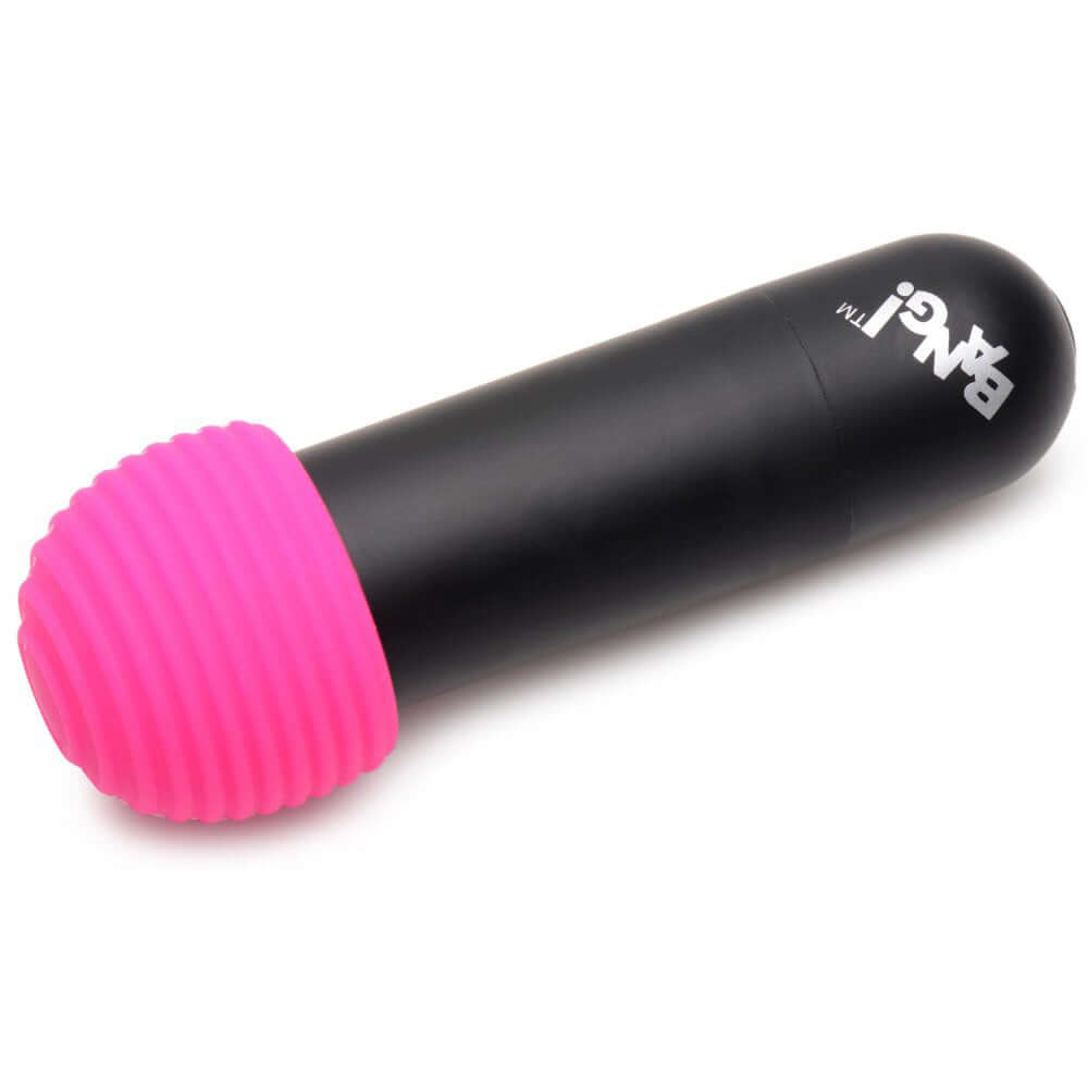 Bang Rechargeable Bullet With 4 Attachments in sleek black with pink text and textured pink tip for versatile pleasure.