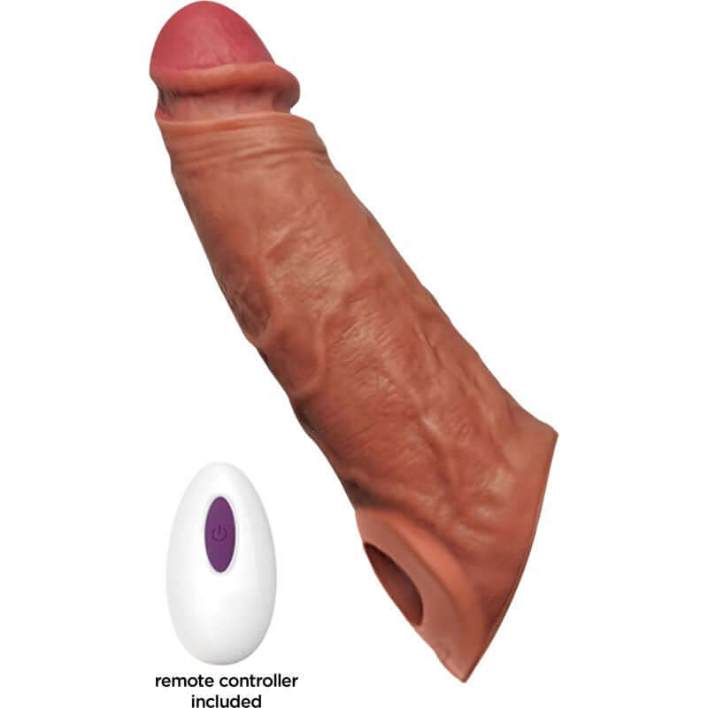 Thick Dick Vibrating Sleeve with Remote Control Vanilla next to its remote controller for enhanced pleasure.