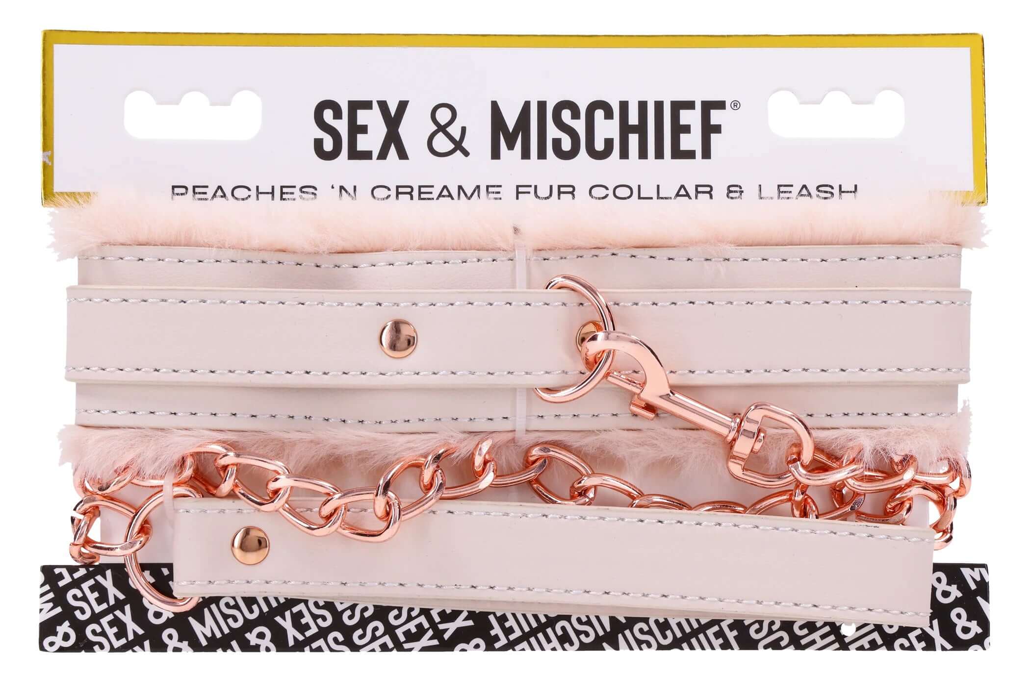 Peach-colored faux fur collar and leash set with rose gold hardware for playful adventures in original packaging.