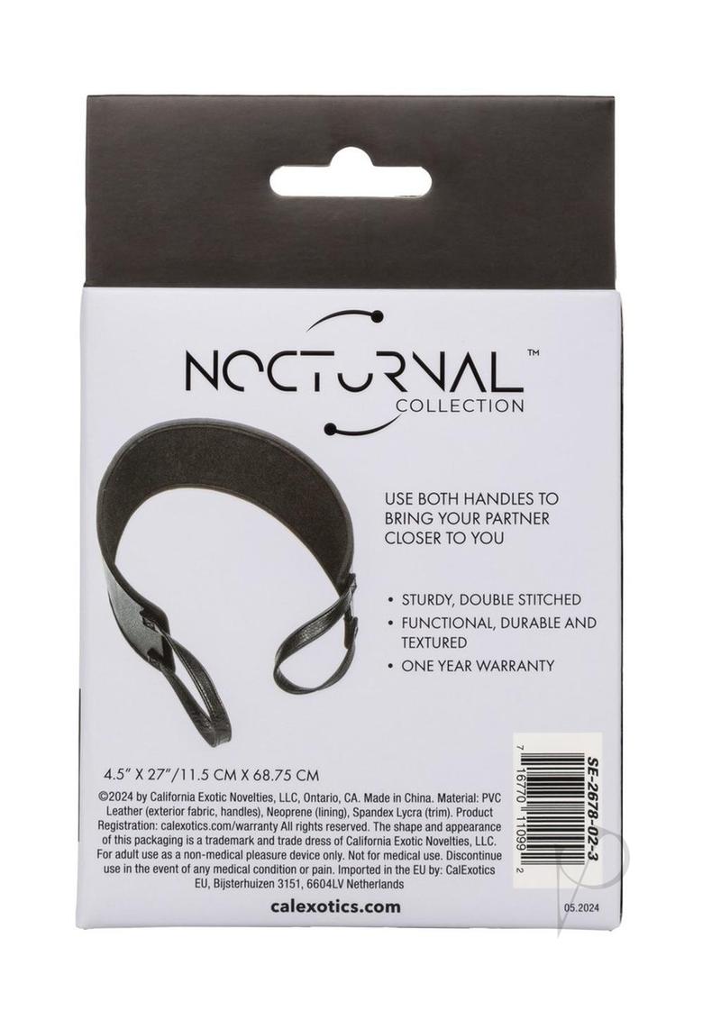 Nocturnal Collection Doggy Style Strap Black packaging showing durable, double-stitched design for enhanced intimacy.
