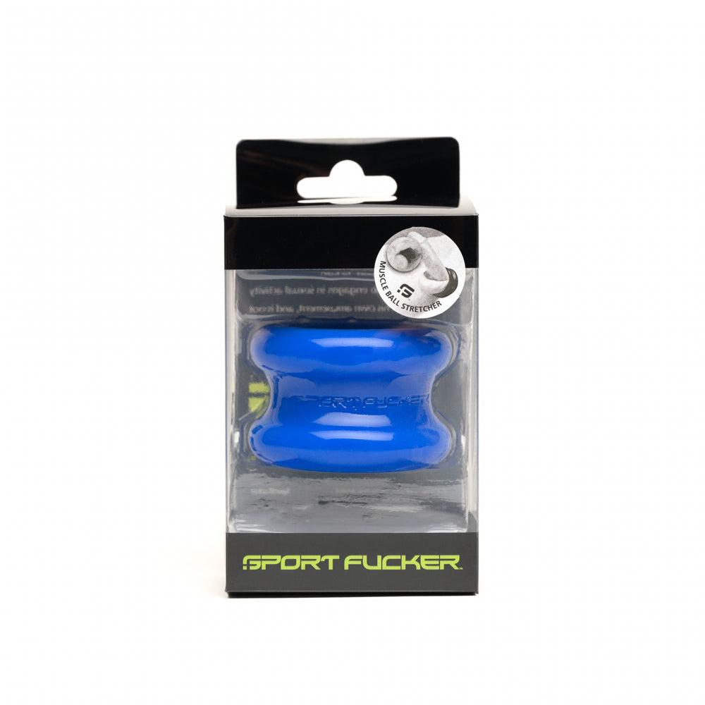 Sport Fucker Muscle Ball Stretcher Blue TPE in packaging showcasing its soft and flexible design.