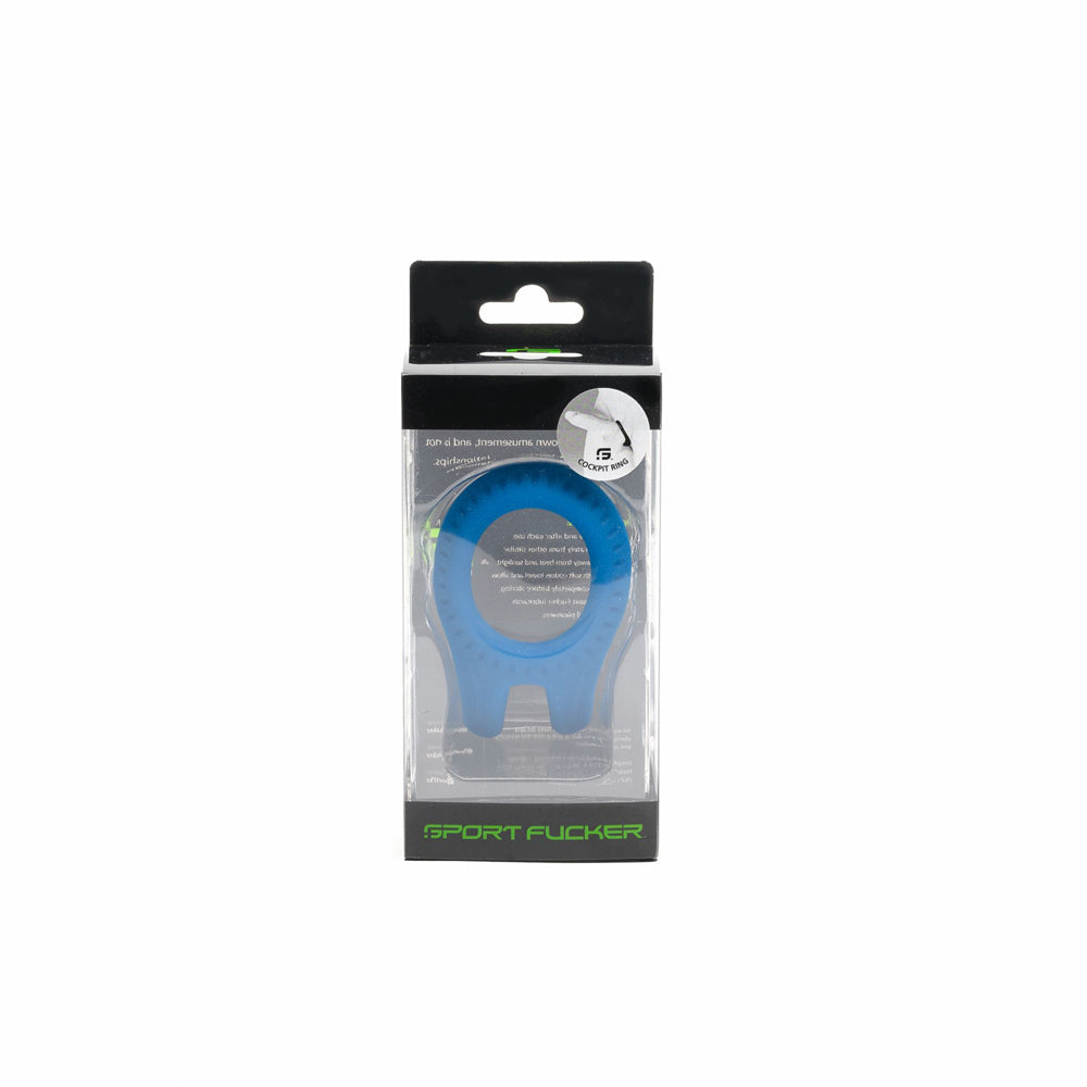 Sport Fucker Cockpit Silicone Cock Ring Blue in packaging, showcasing its ergonomic design and firmness.