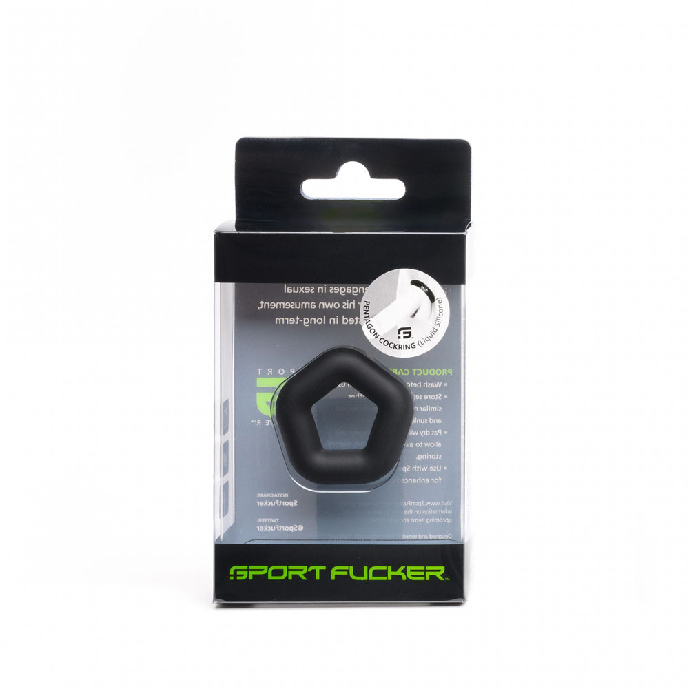 Sport Fucker Pentagon Silicone Cock Ring in packaging highlighting its snug fit and durable design.