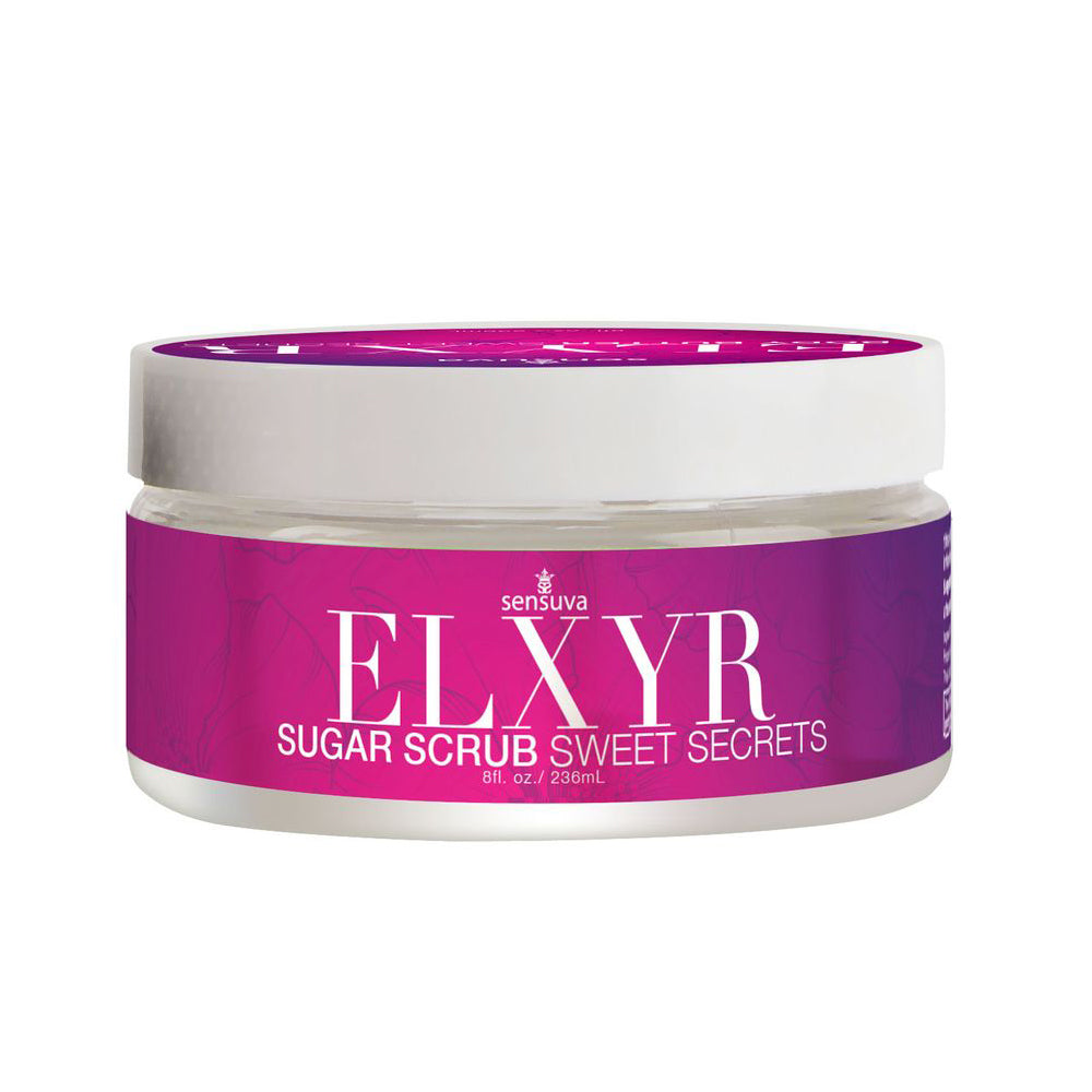 Sensuva Sugar Foot Scrub Sweet Secrets 8 Oz jar with pink label showcasing its fruity tropical scent and sugar texture.