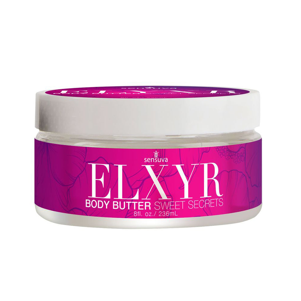 Sensuva Body Butter Sweet Secrets 8 Oz, a luxurious moisturizer in a pink jar, perfect for smooth and soft skin.