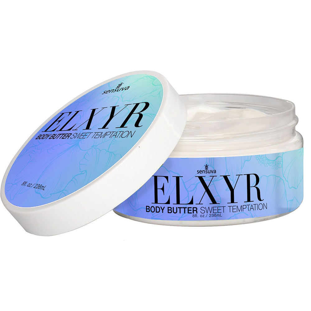 Sensuva Body Butter Sweet Temptations 8 Oz jar with blue and white design, open showing creamy texture inside.