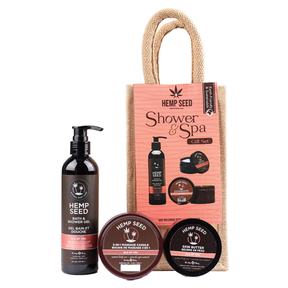 Earthly Body Hemp Seed Isle Of You Holiday Spa Gift Set includes bath gel, candle, and skin butter in a festive package.