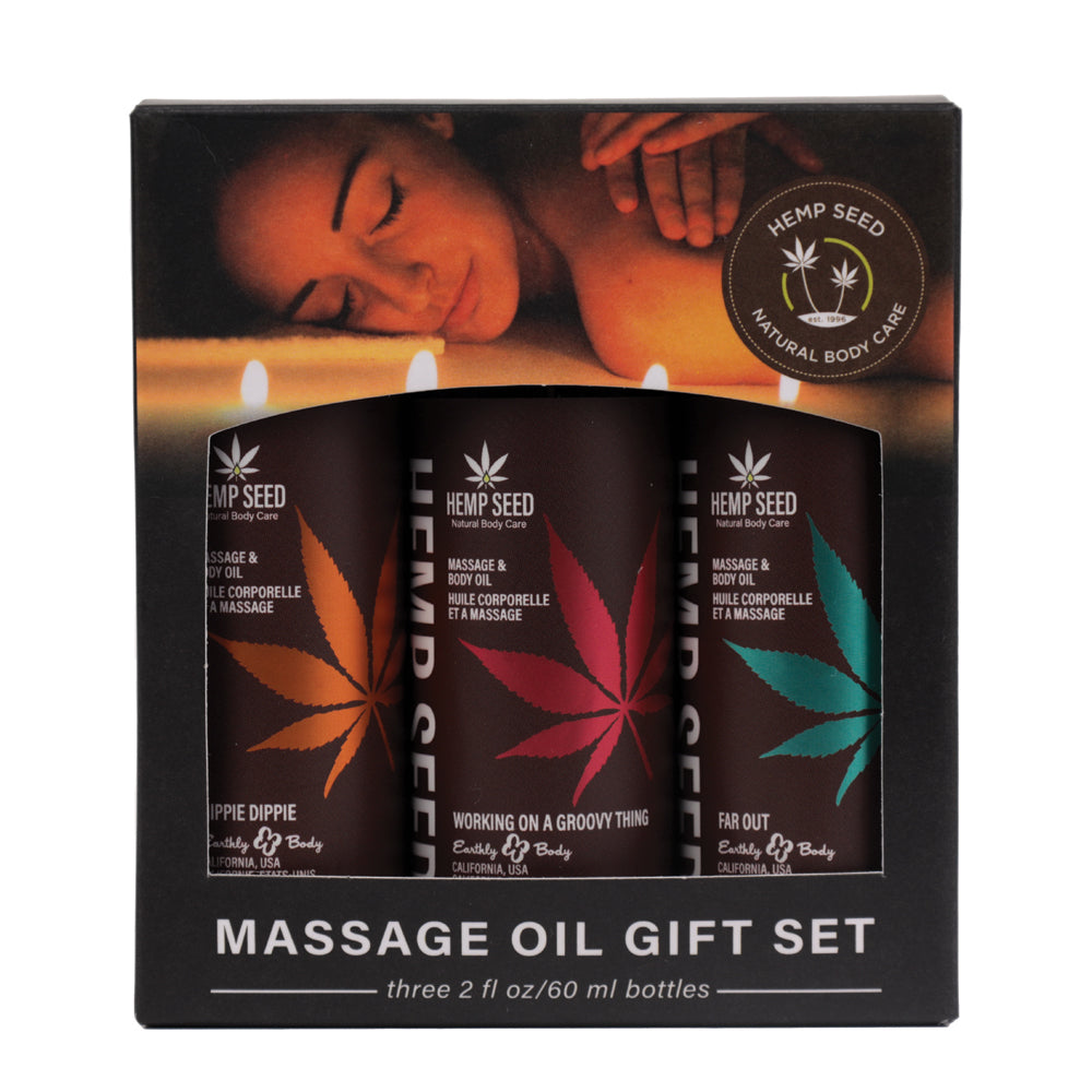 Earthly Body Hemp Seed Massage Oil Gift Set Summer 2024 with three 2 oz bottles for a soothing massage experience.