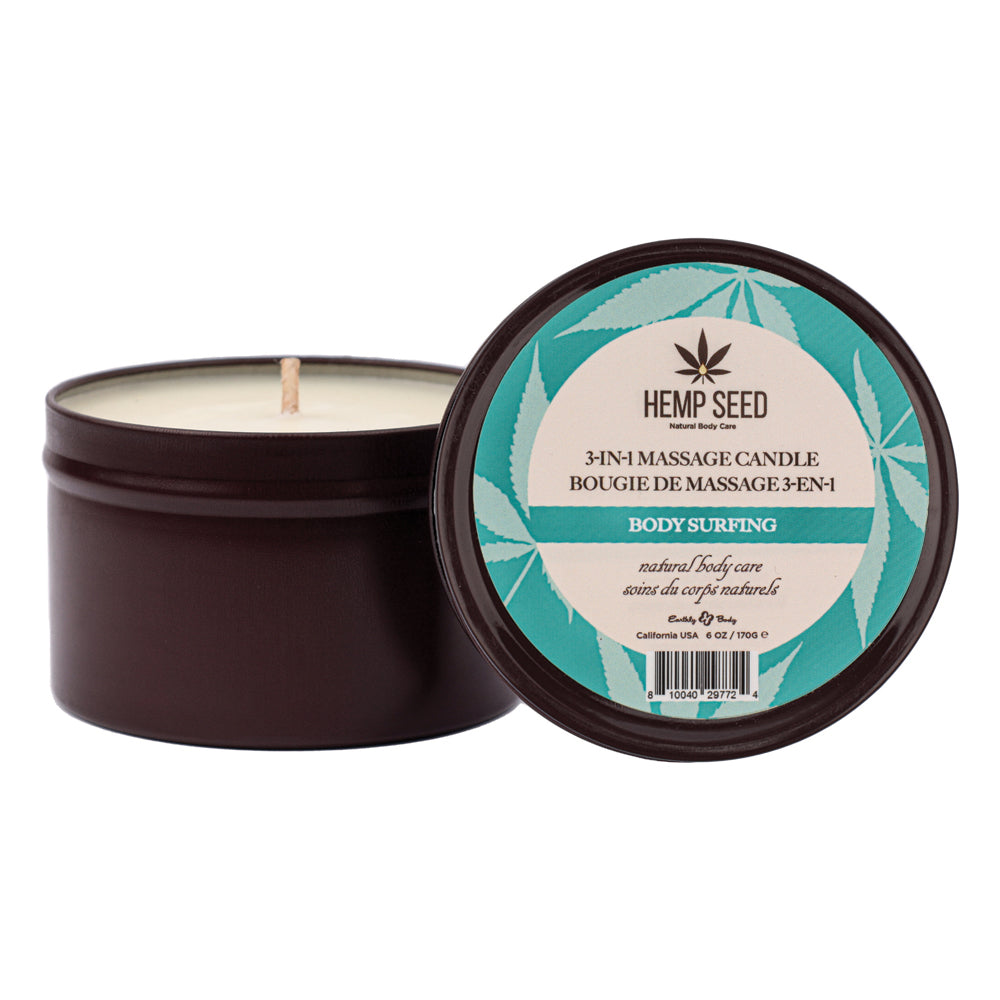 Hemp Seed 3-in-1 Massage Candle Body Surfing 6 Oz in a stylish jar with a soft candlelight and soothing scent.